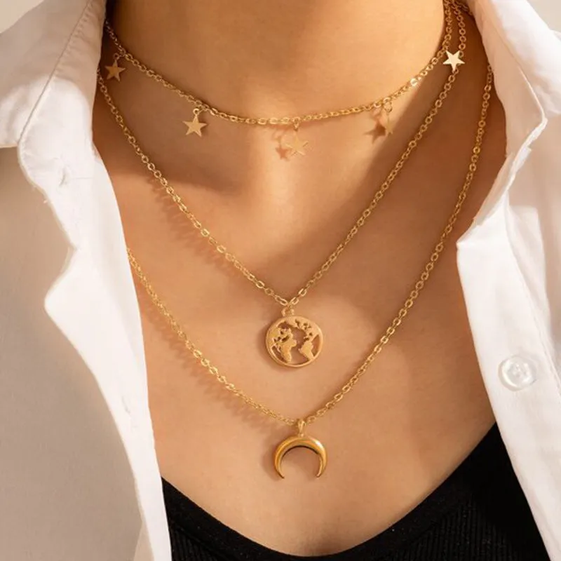 Triple Layered Star Half Moon World Pendant