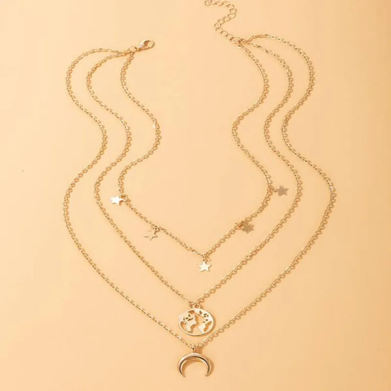 Triple Layered Star Half Moon World Pendant