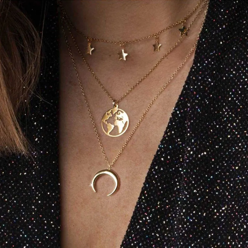 Triple Layered Star Half Moon World Pendant