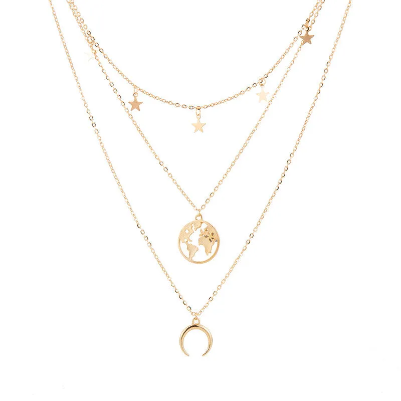 Triple Layered Star Half Moon World Pendant
