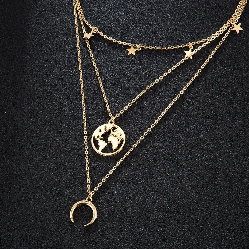 Triple Layered Star Half Moon World Pendant