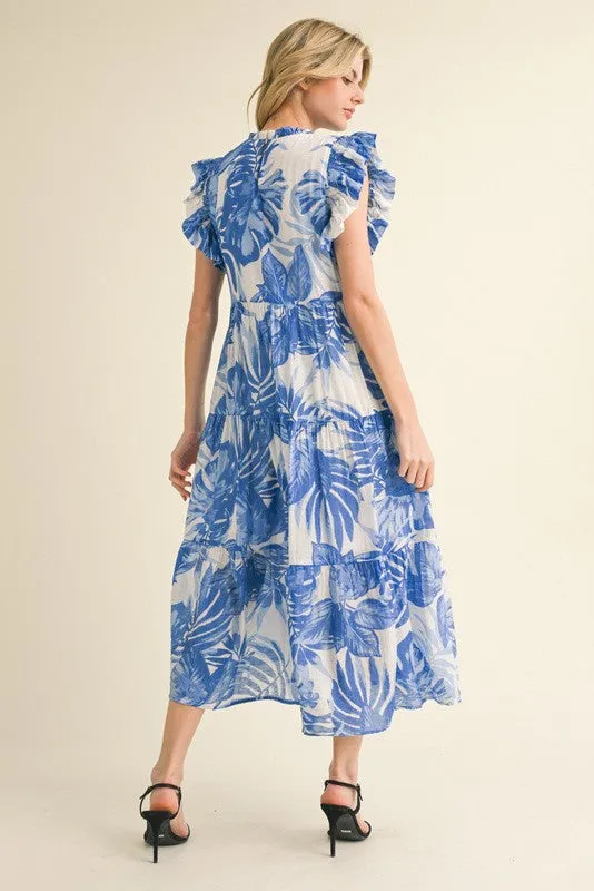 Tropical Leaf Tiered Layer Midi Dress