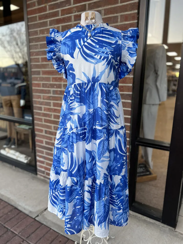 Tropical Leaf Tiered Layer Midi Dress