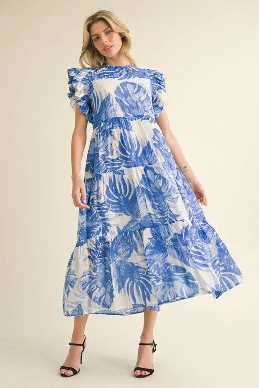 Tropical Leaf Tiered Layer Midi Dress
