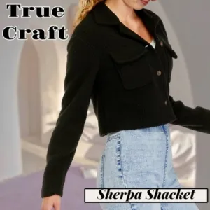 TRUE CRAFT Juniors' Sherpa Button-Front Shacket in Black