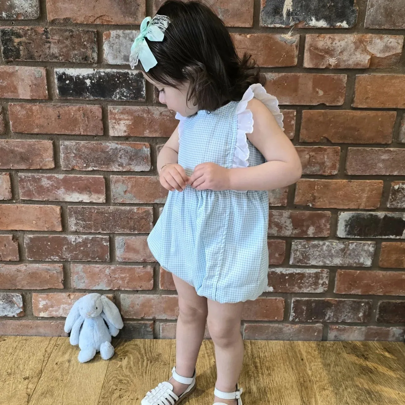 Turquoise Gingham Girls Romper