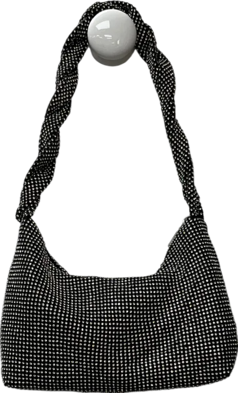 Twisted Strap Detail Rectangle Shaped Shoulder Bag In Black Diamante