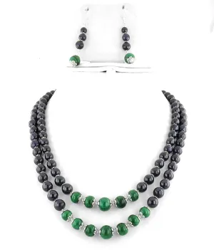 Two Row Blue Sapphire and Cabochon Emerald Beads Necklace