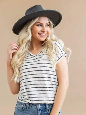 V-Neck Short Sleeve Textured Stripe Top