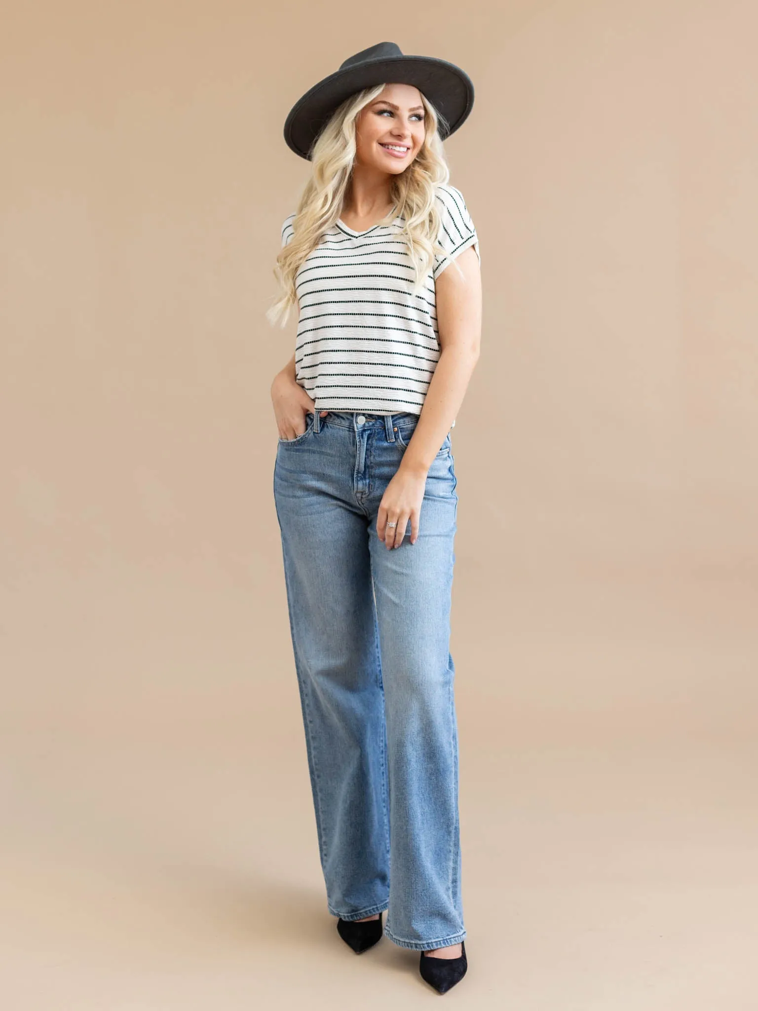 V-Neck Short Sleeve Textured Stripe Top
