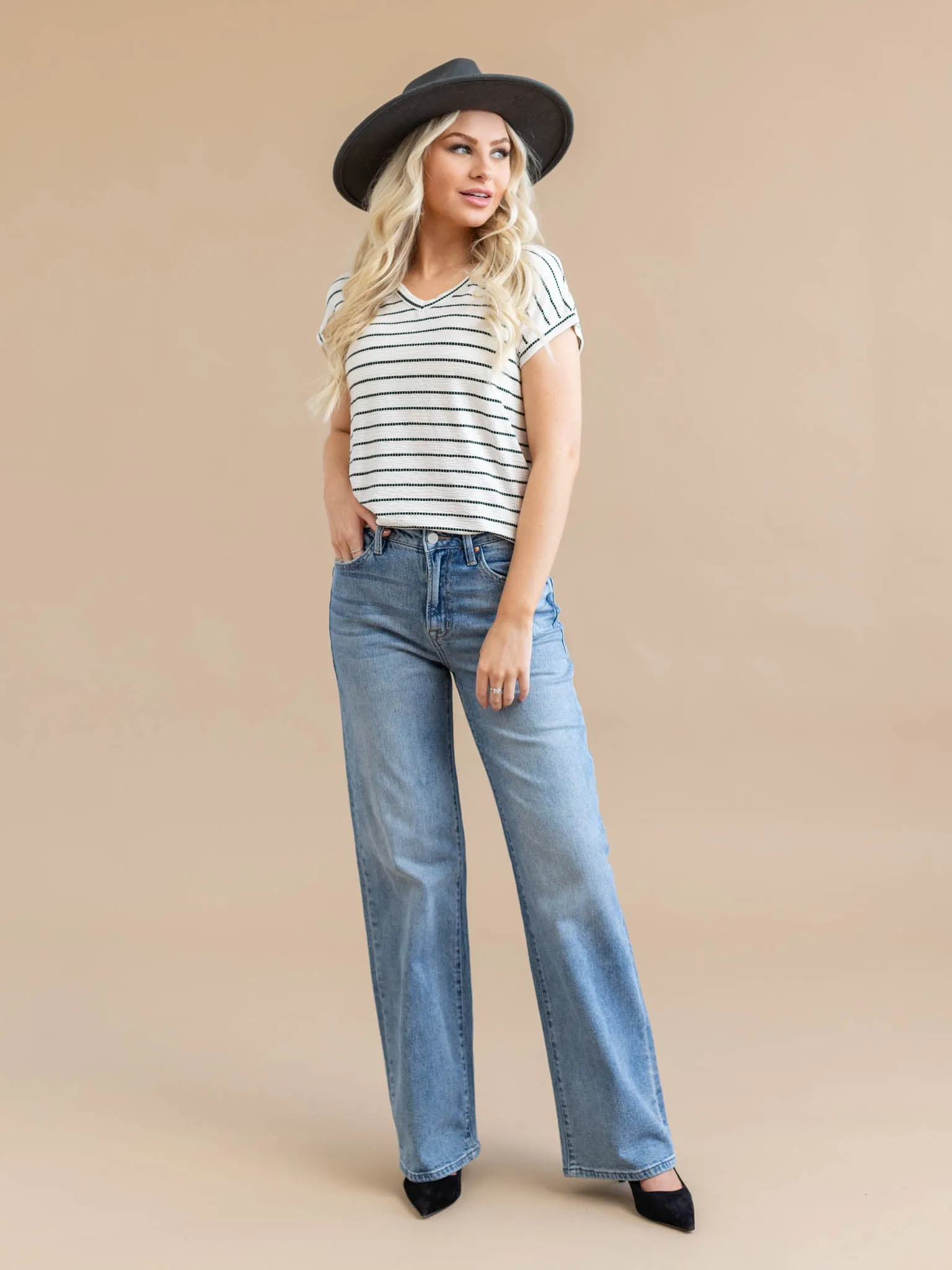 V-Neck Short Sleeve Textured Stripe Top