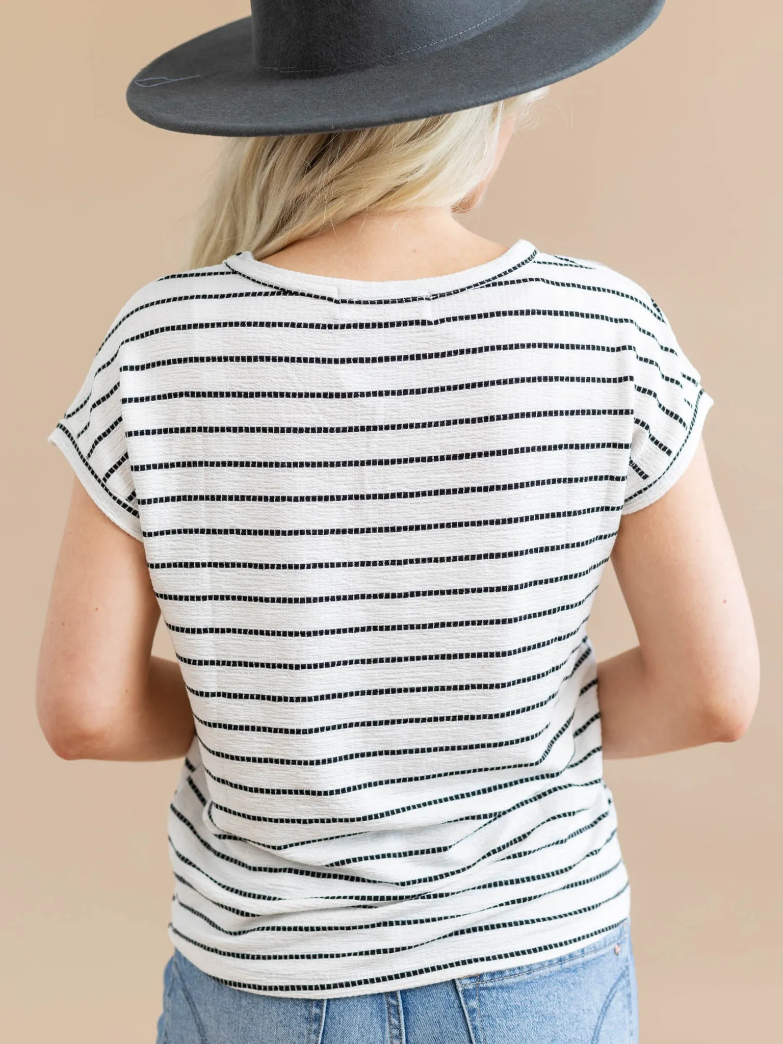 V-Neck Short Sleeve Textured Stripe Top