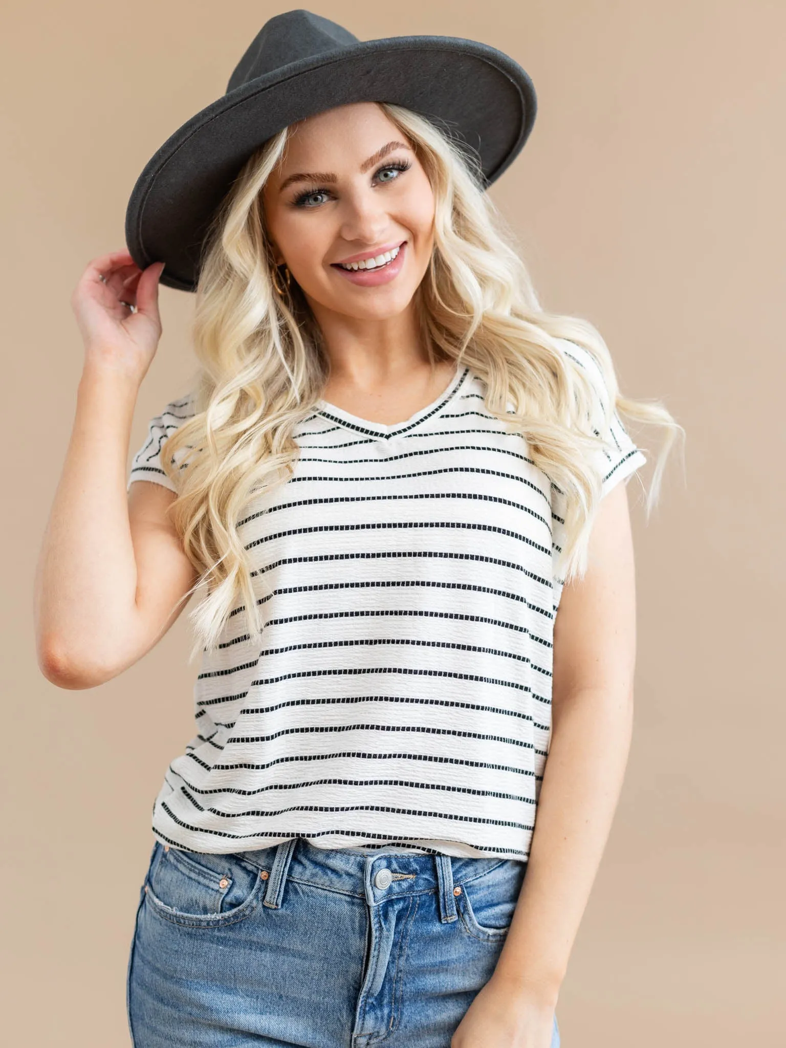 V-Neck Short Sleeve Textured Stripe Top