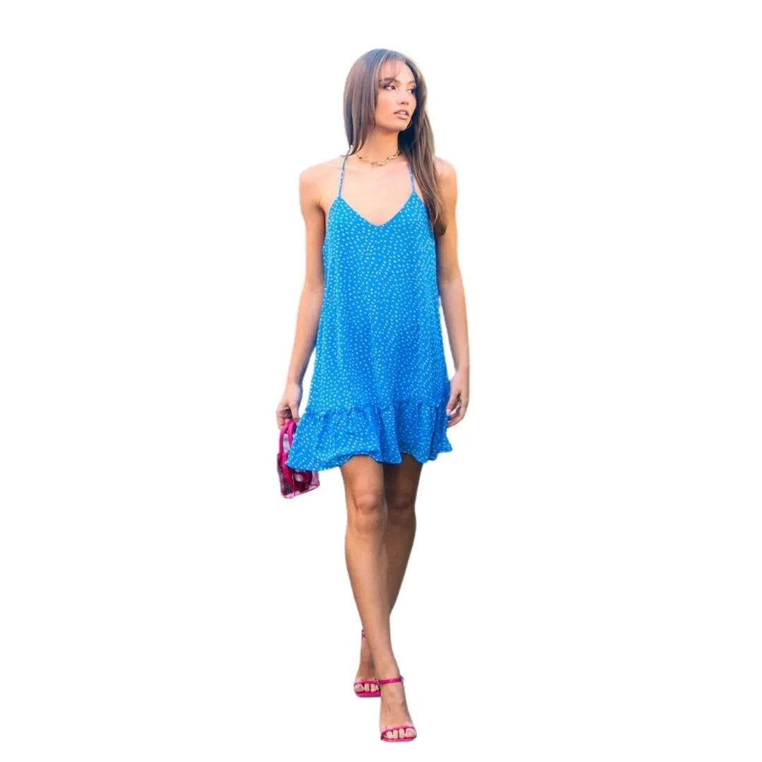 VERY J Blue Spotted Sleeveless Braided Strap Mini Dress ND30846-Blue