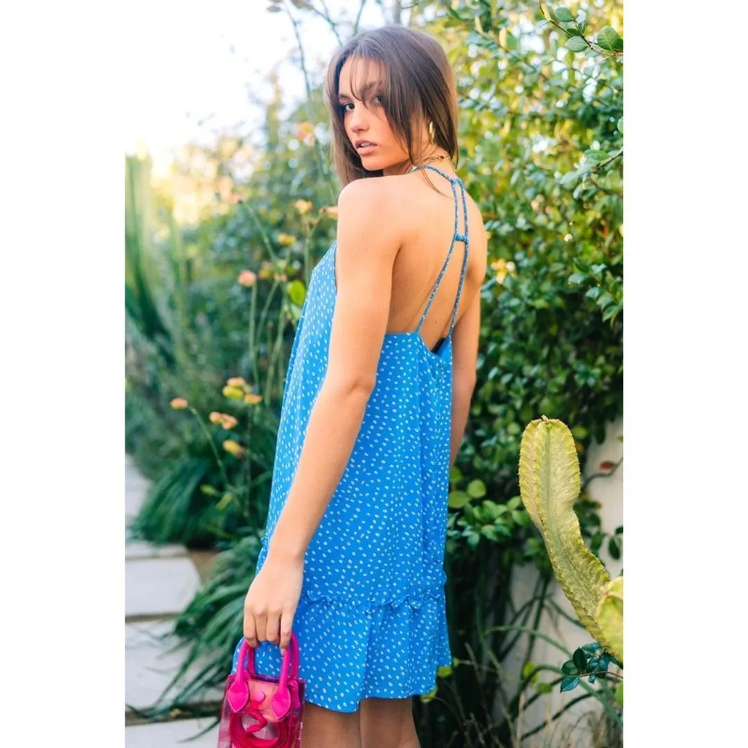 VERY J Blue Spotted Sleeveless Braided Strap Mini Dress ND30846-Blue