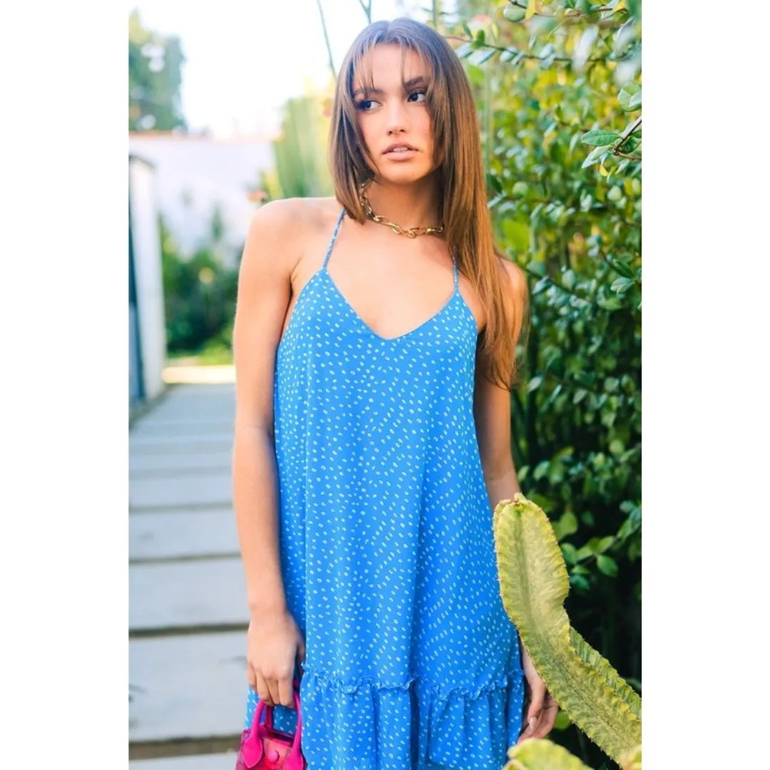 VERY J Blue Spotted Sleeveless Braided Strap Mini Dress ND30846-Blue