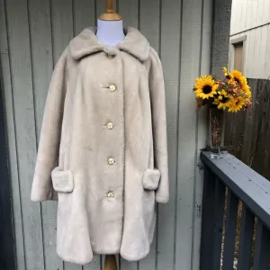 Vintage 80s Borgana Fur Round Flat Collar Pocket Button Cream Cozy Coat size XL