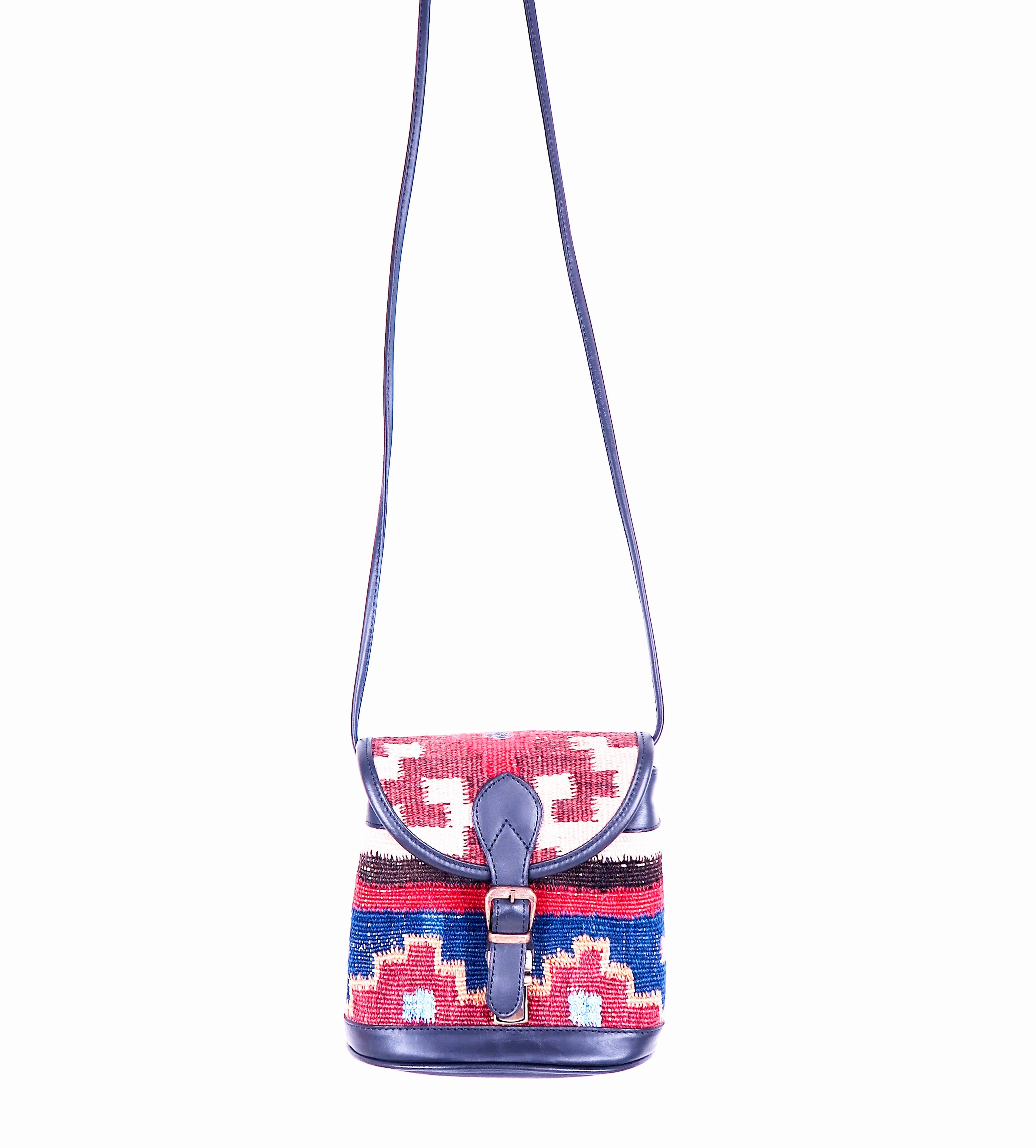 Vintage Kilim Handbag - Black Leather