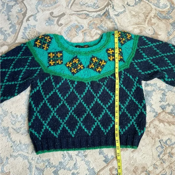 VTG 90’s Liz Sport chunky wool Sweater Green Cropped Checkered Balloon Sleeve S