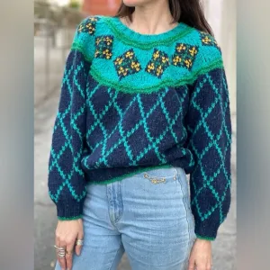 VTG 90’s Liz Sport chunky wool Sweater Green Cropped Checkered Balloon Sleeve S
