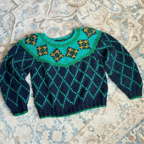 VTG 90’s Liz Sport chunky wool Sweater Green Cropped Checkered Balloon Sleeve S
