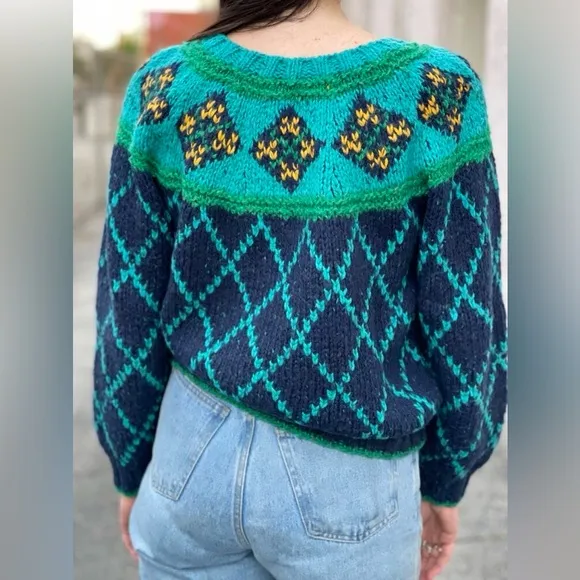 VTG 90’s Liz Sport chunky wool Sweater Green Cropped Checkered Balloon Sleeve S