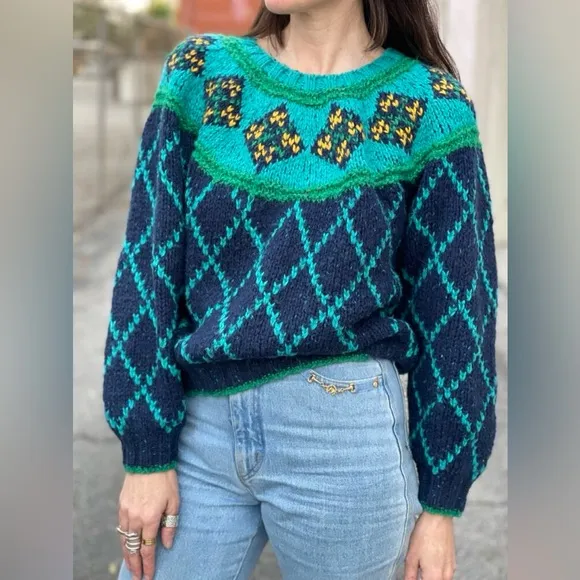 VTG 90’s Liz Sport chunky wool Sweater Green Cropped Checkered Balloon Sleeve S