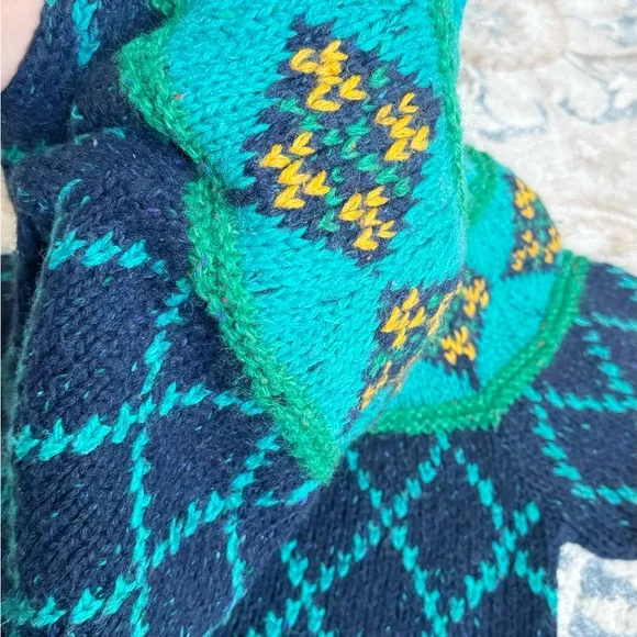 VTG 90’s Liz Sport chunky wool Sweater Green Cropped Checkered Balloon Sleeve S