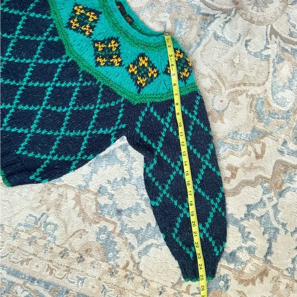 VTG 90’s Liz Sport chunky wool Sweater Green Cropped Checkered Balloon Sleeve S