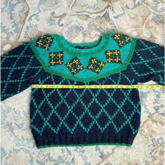 VTG 90’s Liz Sport chunky wool Sweater Green Cropped Checkered Balloon Sleeve S