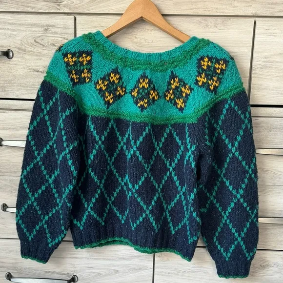 VTG 90’s Liz Sport chunky wool Sweater Green Cropped Checkered Balloon Sleeve S