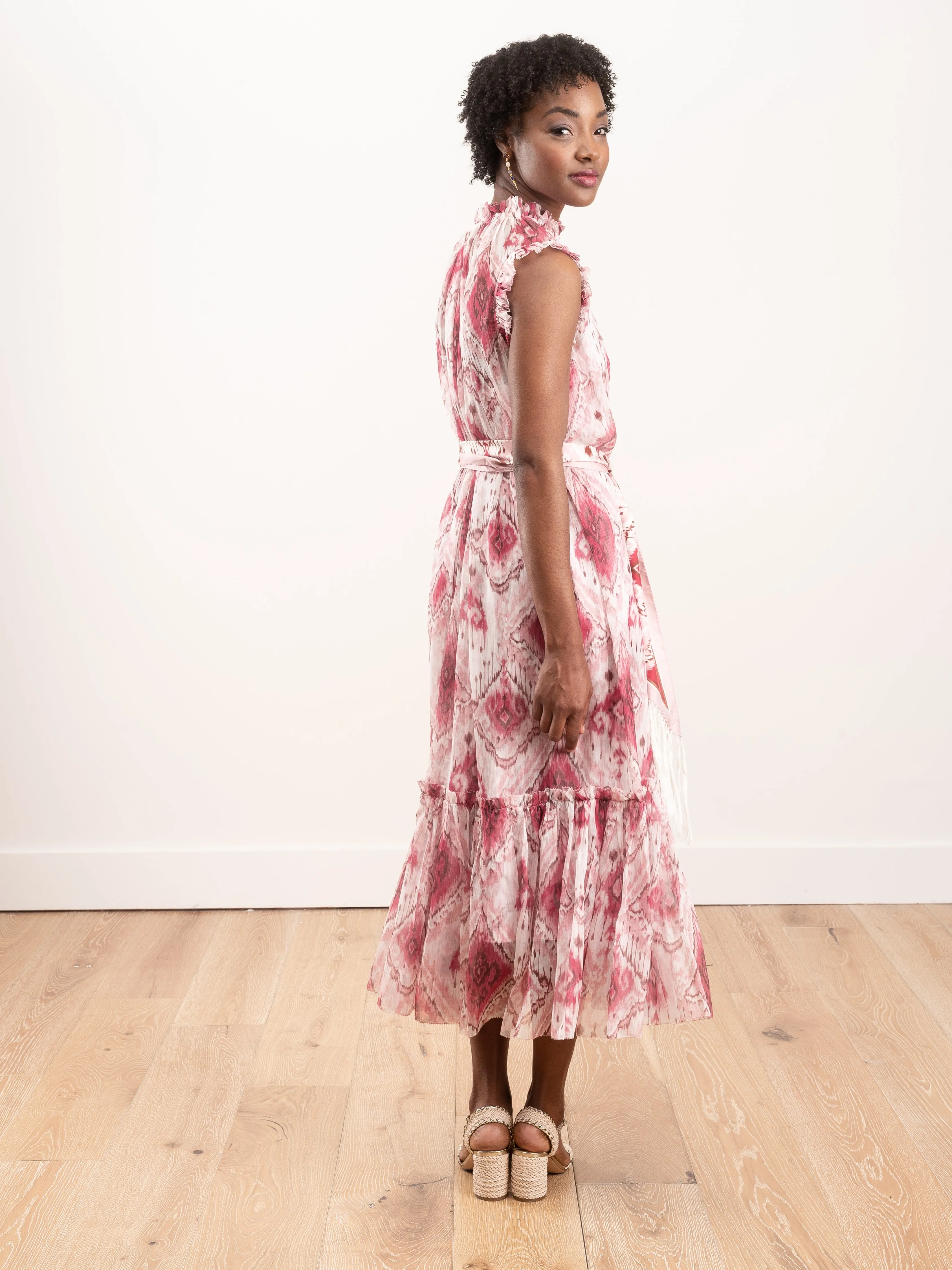 wavelength tank frilled midi - raspberry ikat