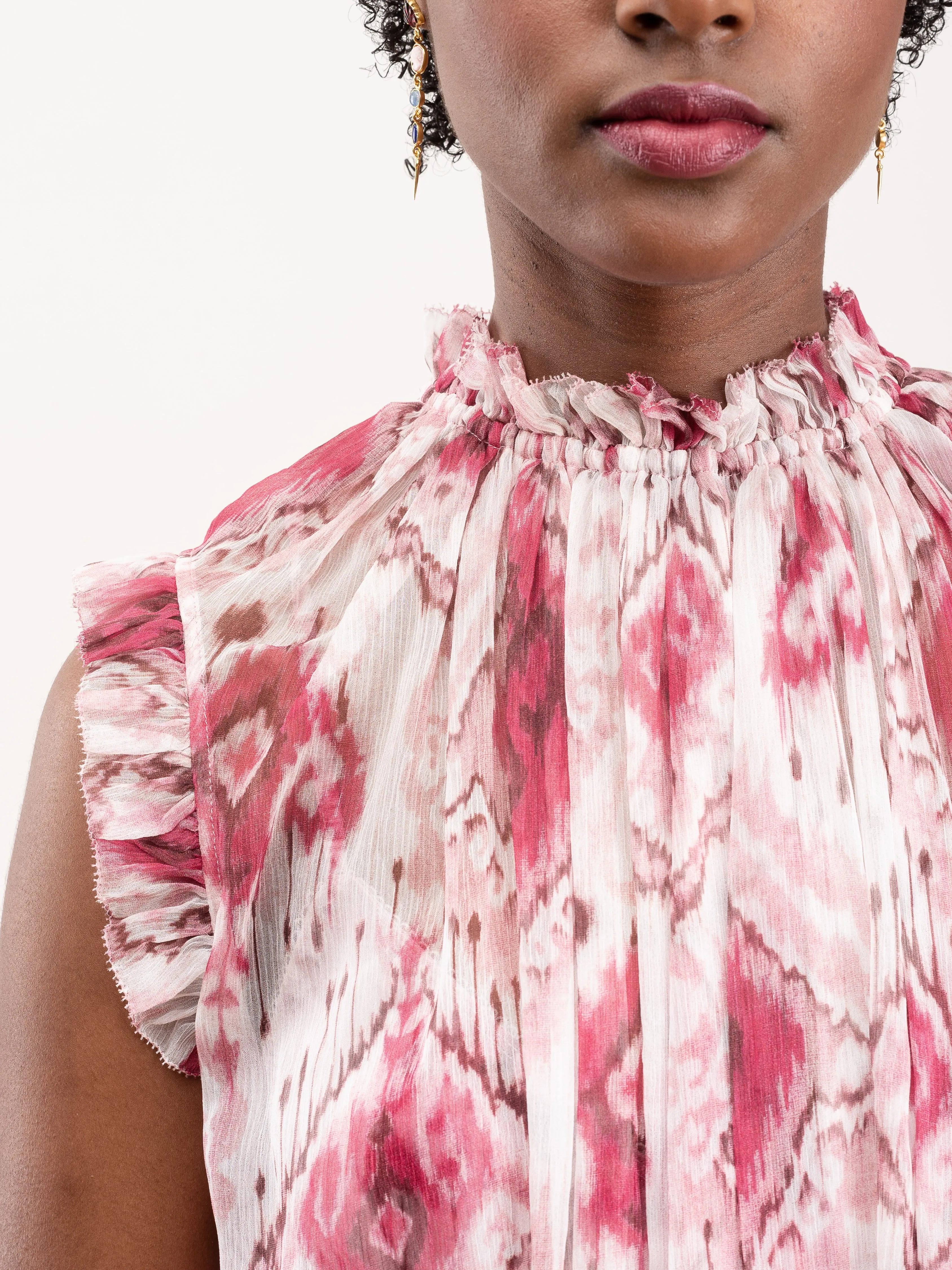 wavelength tank frilled midi - raspberry ikat