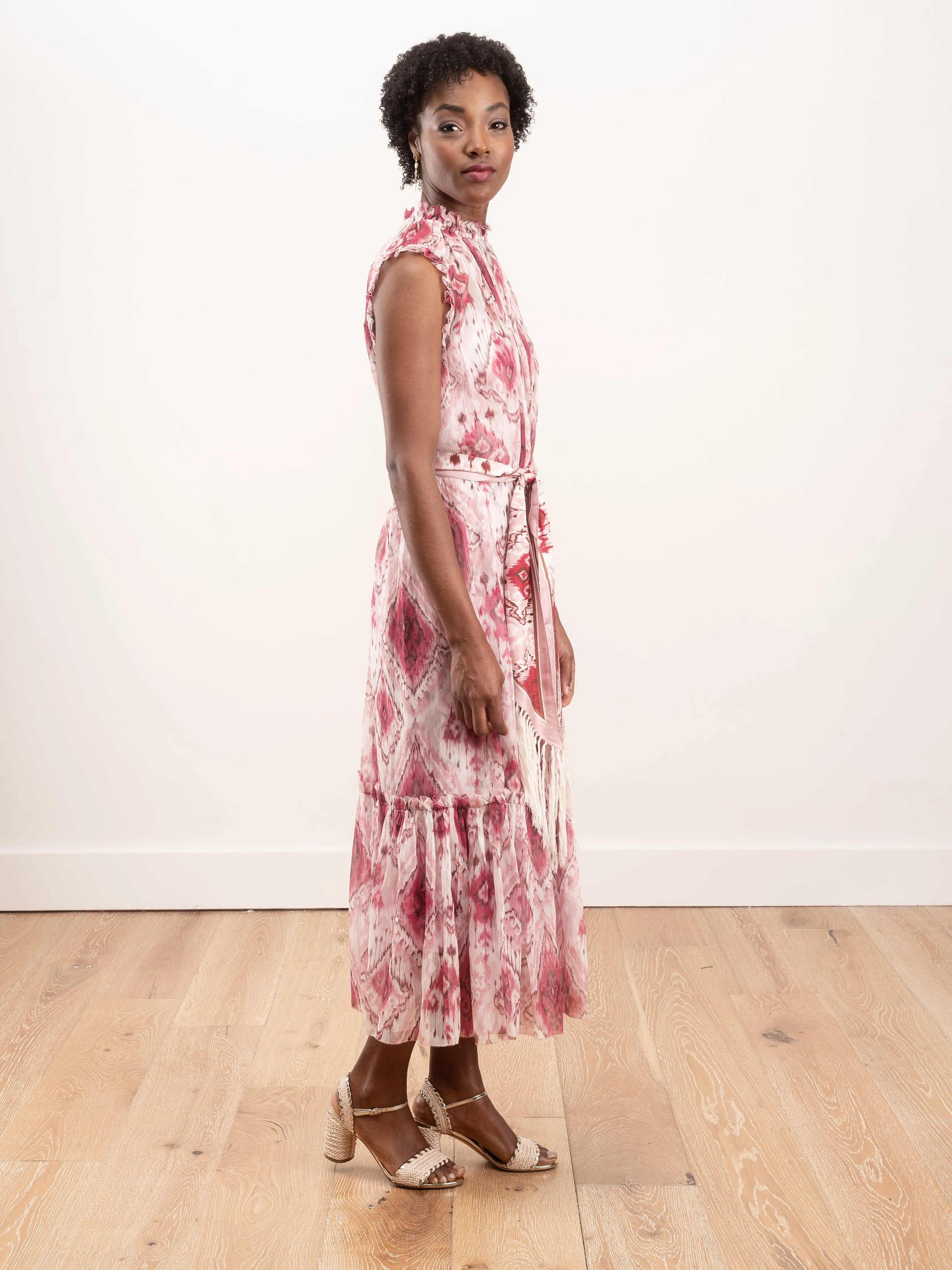 wavelength tank frilled midi - raspberry ikat