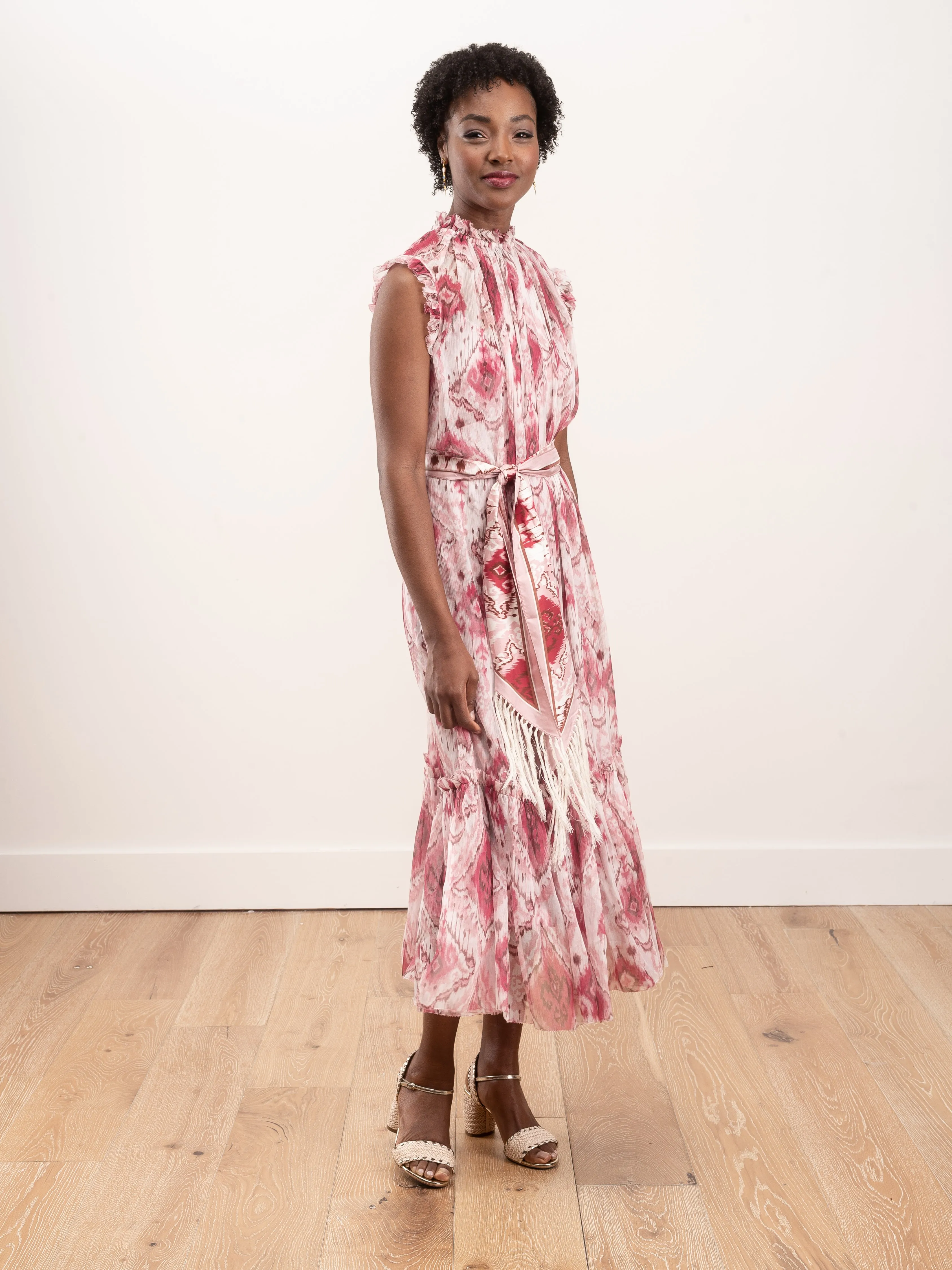wavelength tank frilled midi - raspberry ikat