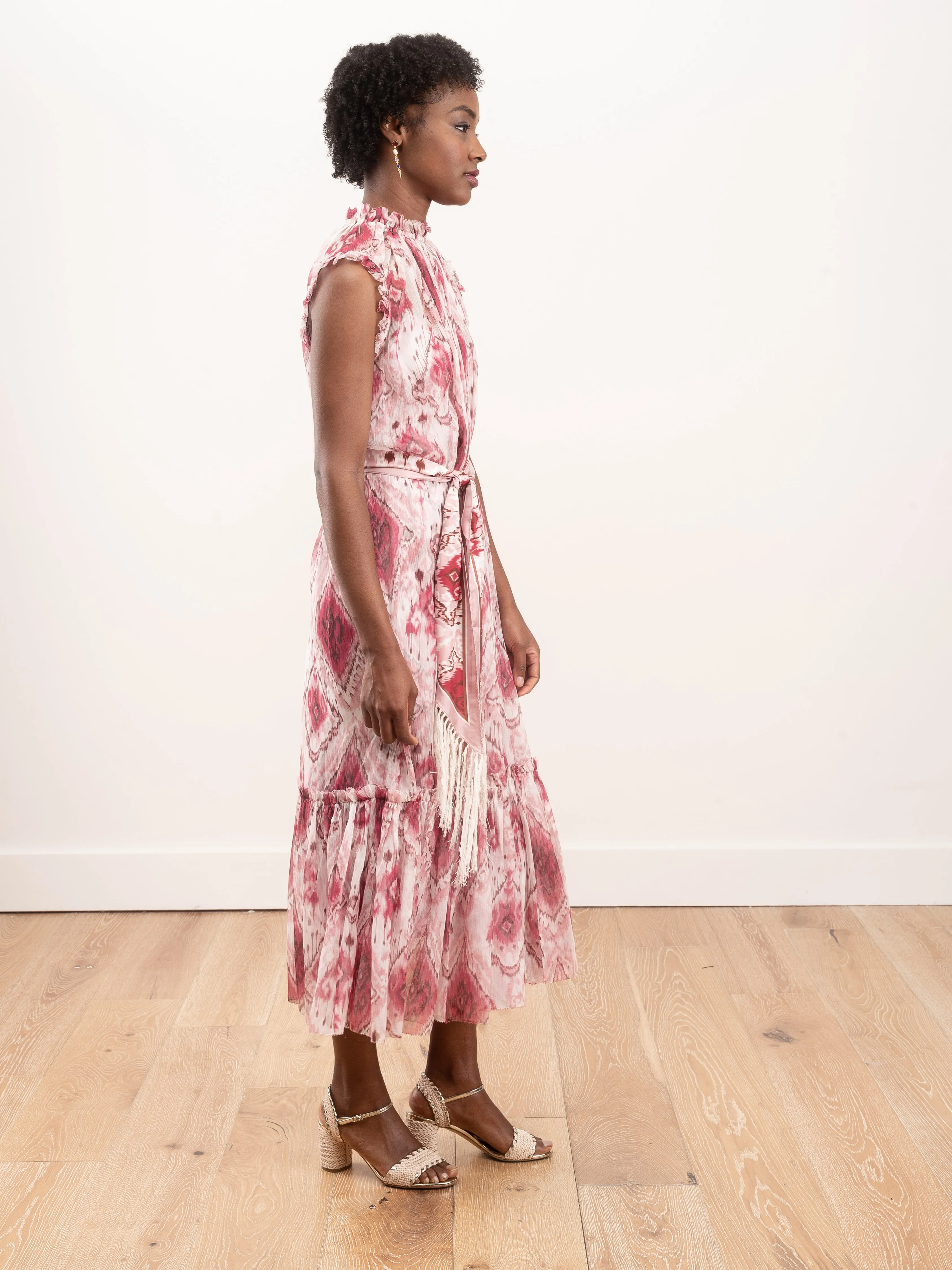 wavelength tank frilled midi - raspberry ikat