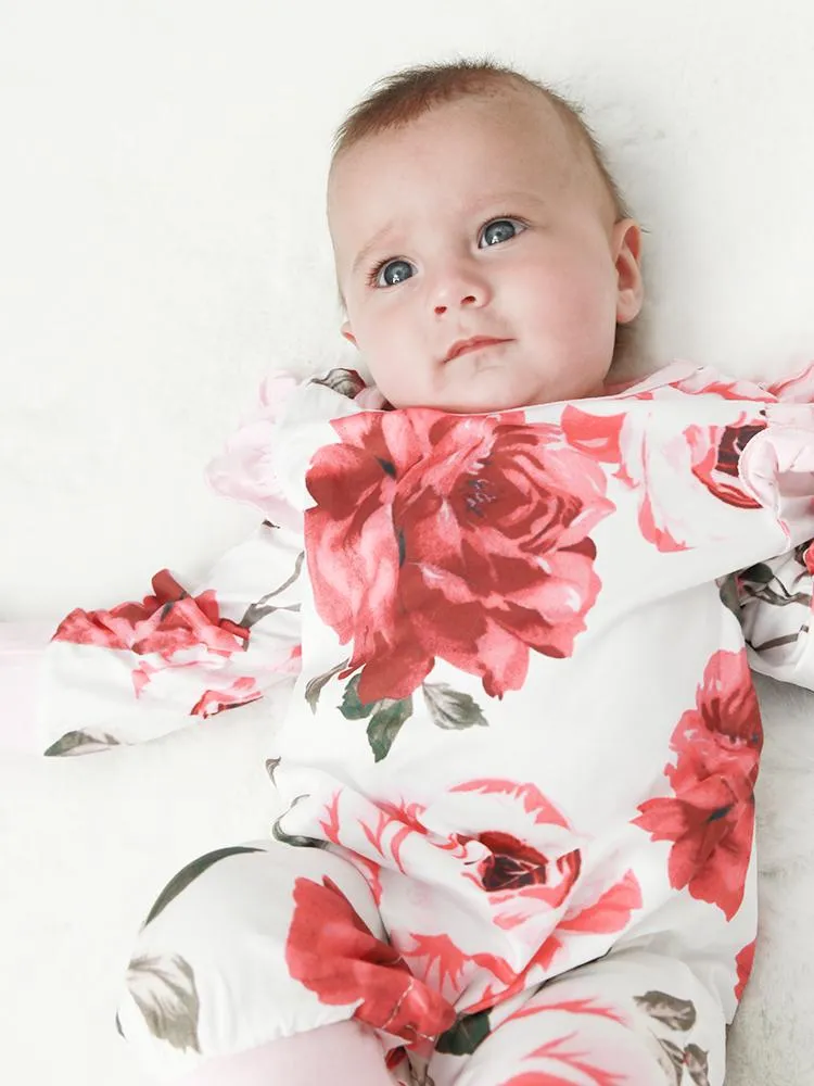 White and Pink Flowers Floral Printed Playsuit for Baby Girl