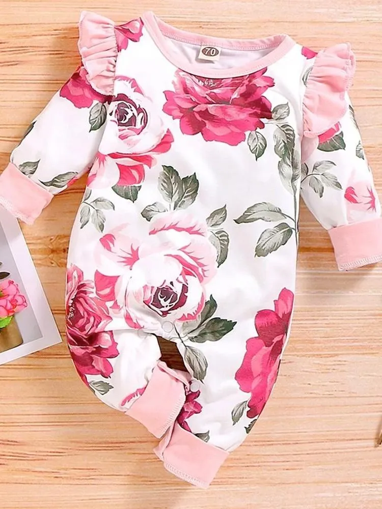 White and Pink Flowers Floral Printed Playsuit for Baby Girl
