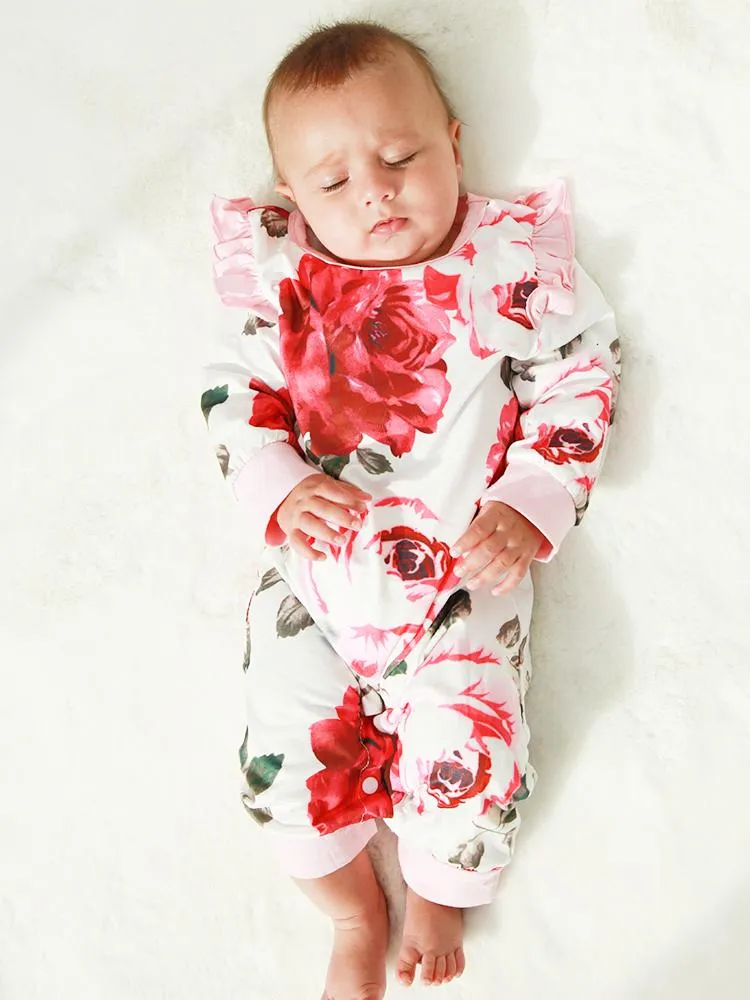 White and Pink Flowers Floral Printed Playsuit for Baby Girl