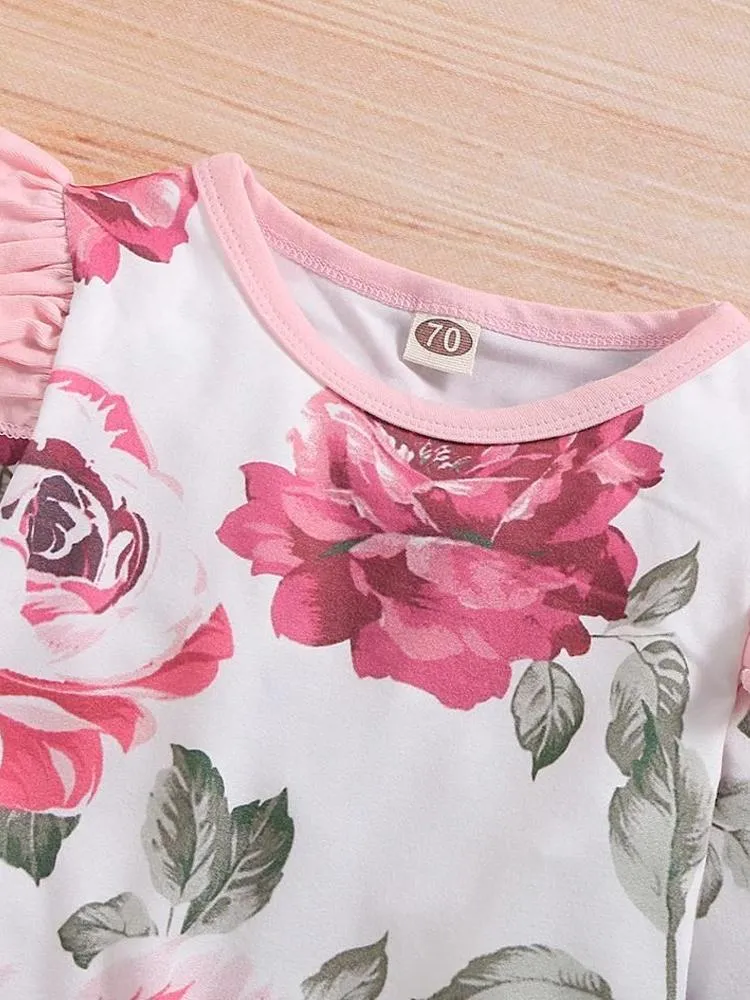 White and Pink Flowers Floral Printed Playsuit for Baby Girl