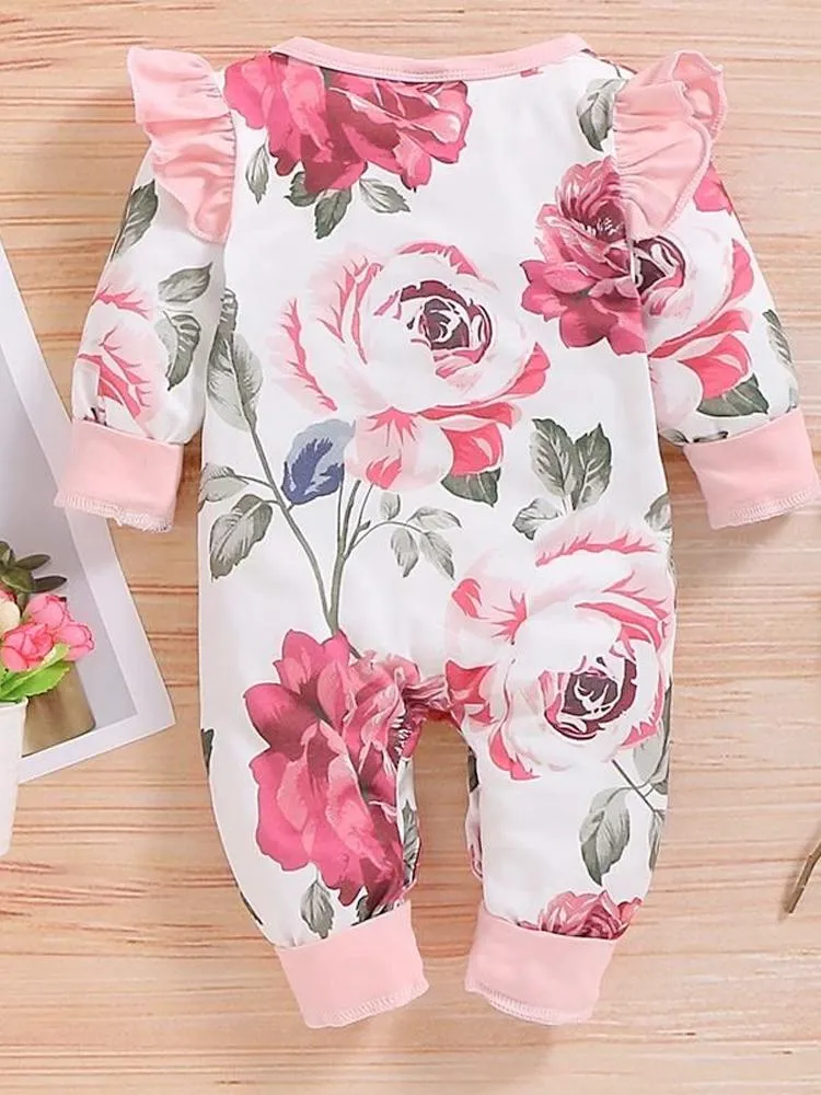 White and Pink Flowers Floral Printed Playsuit for Baby Girl
