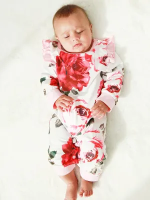 White and Pink Flowers Floral Printed Playsuit for Baby Girl