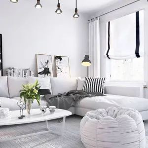 White Linen Relaxed Roman Shade with Black Ribbon Band