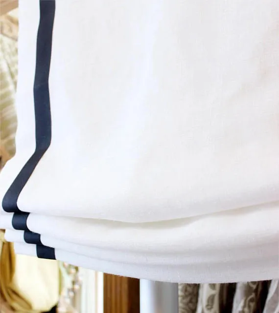 White Linen Relaxed Roman Shade with Black Ribbon Band