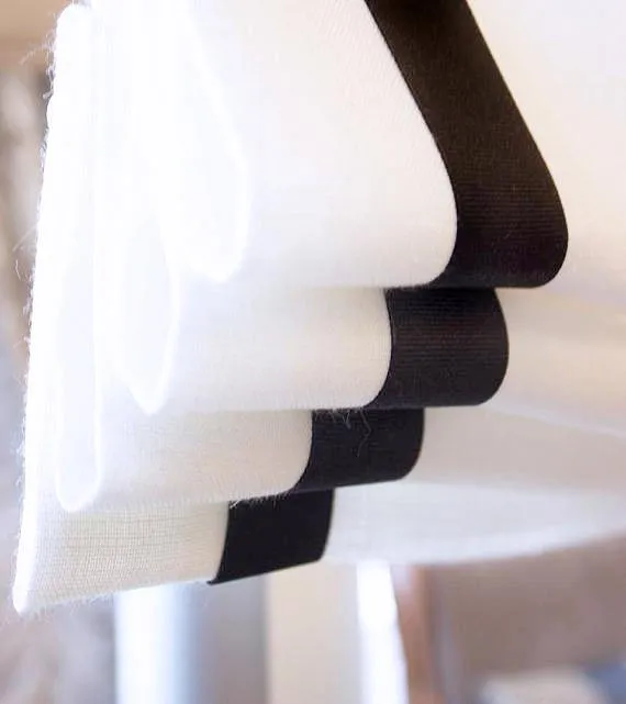 White Linen Relaxed Roman Shade with Black Ribbon Band