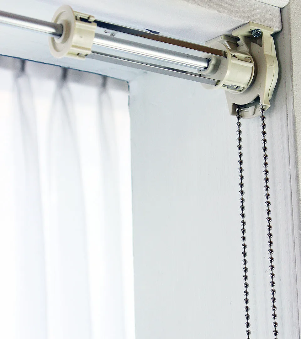 White Linen Relaxed Roman Shade with Black Ribbon Band