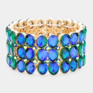 Wide Blue AB Three Row Crystal Oval Stone Stretch Bracelet | Big Chunky Bracelet | 596231