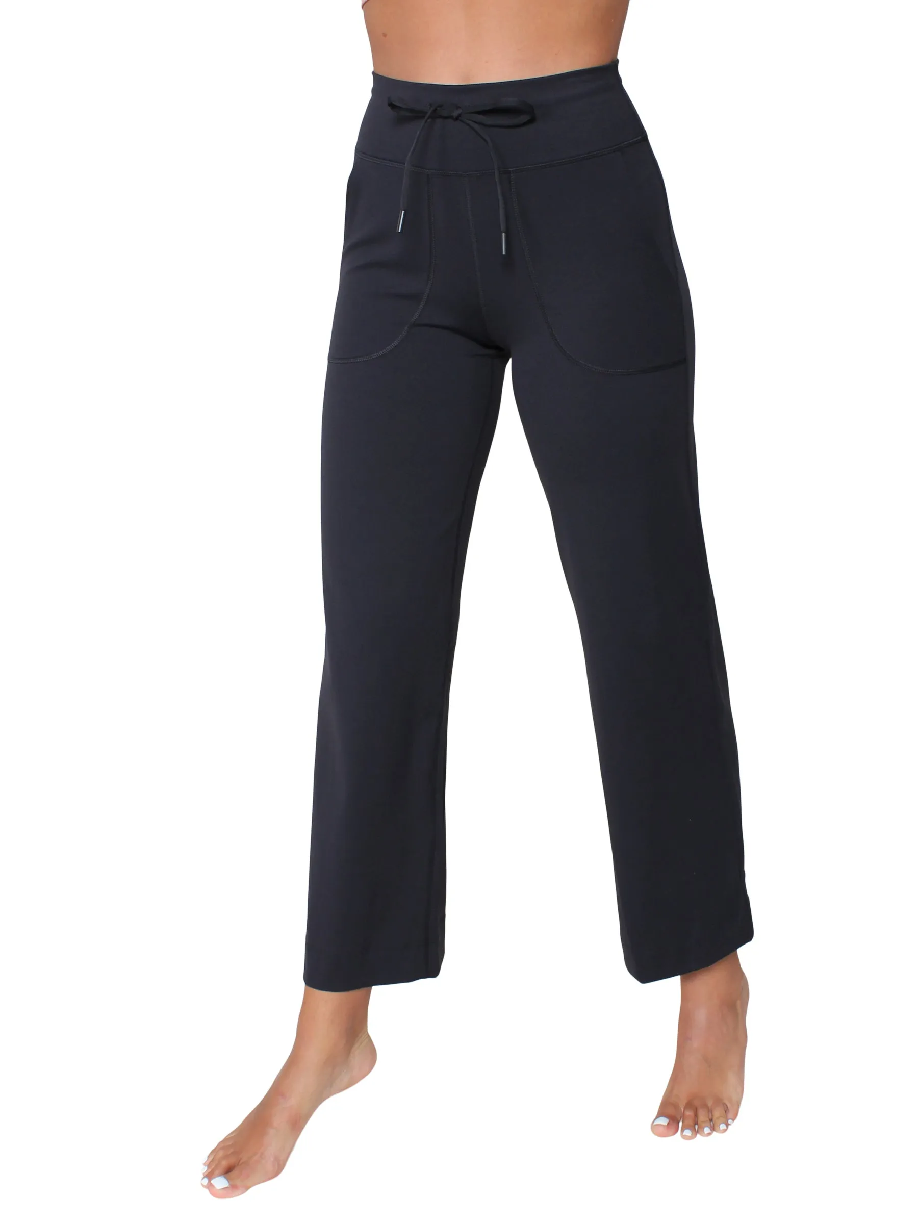 Wide leg drawstring yoga pants - black