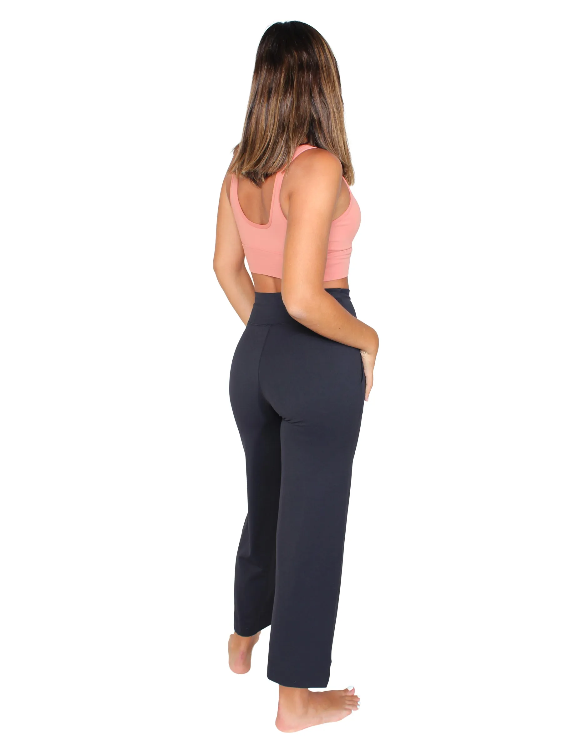 Wide leg drawstring yoga pants - black