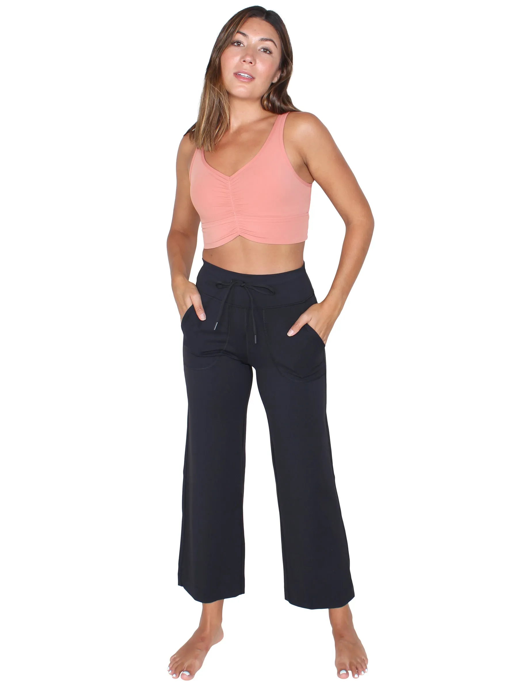 Wide leg drawstring yoga pants - black